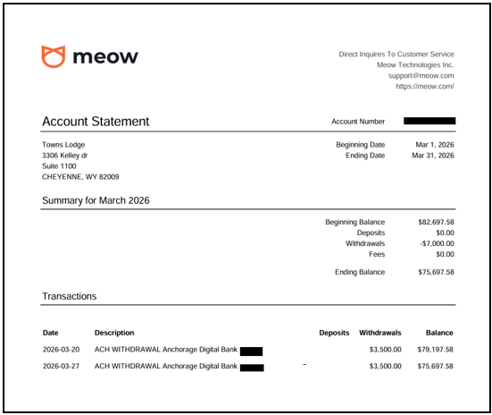 Supporting detail for the Towns Lodge bank account reconciliation for the quarter ended March 31, 2026